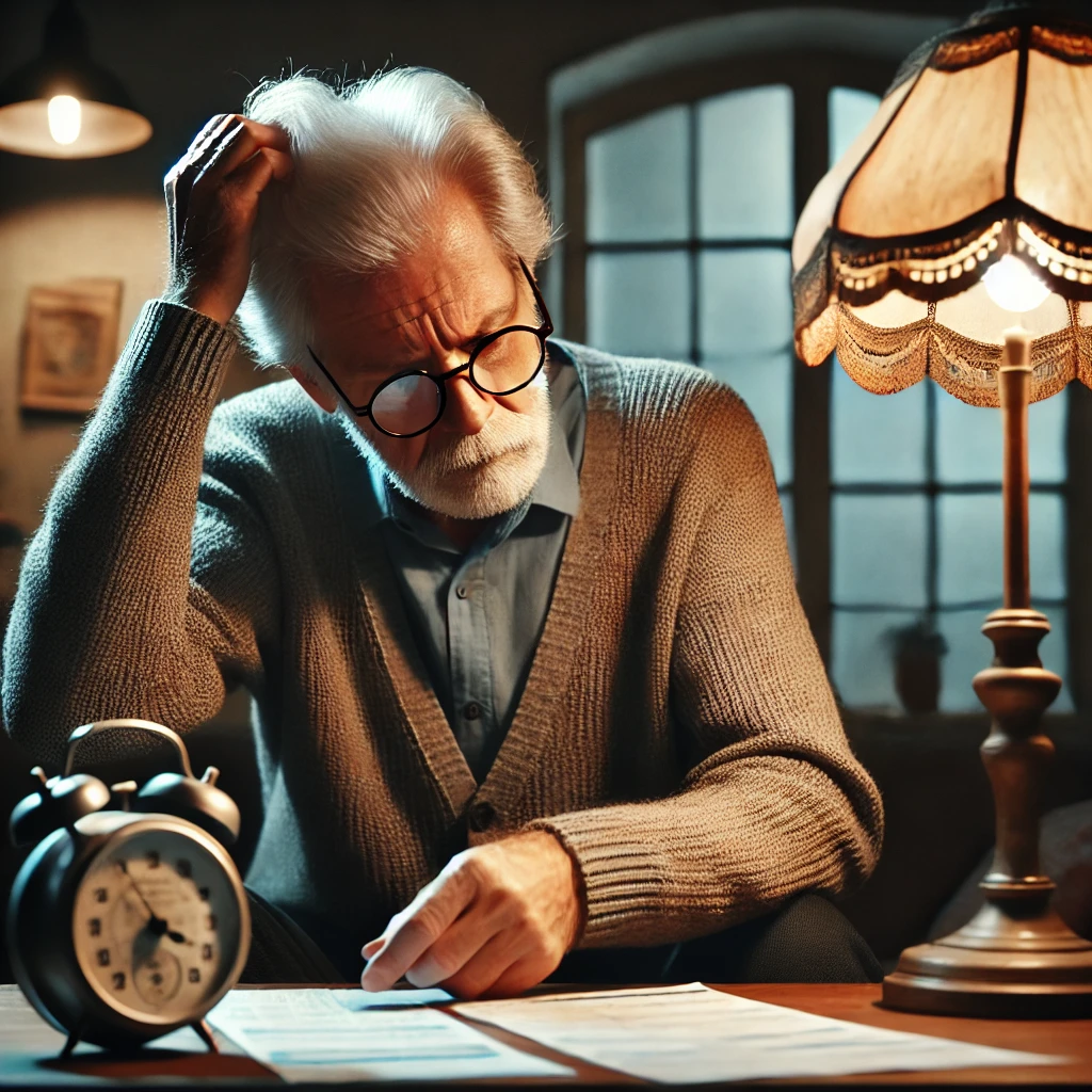 Distressed Elderly Man Pulling Hair Due to Electricity Prices